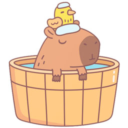 A drawing of capybara having a bath in a hot tub with a rubber duck on its head.