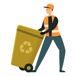 A drawing of a garbage collector taking out the trash.